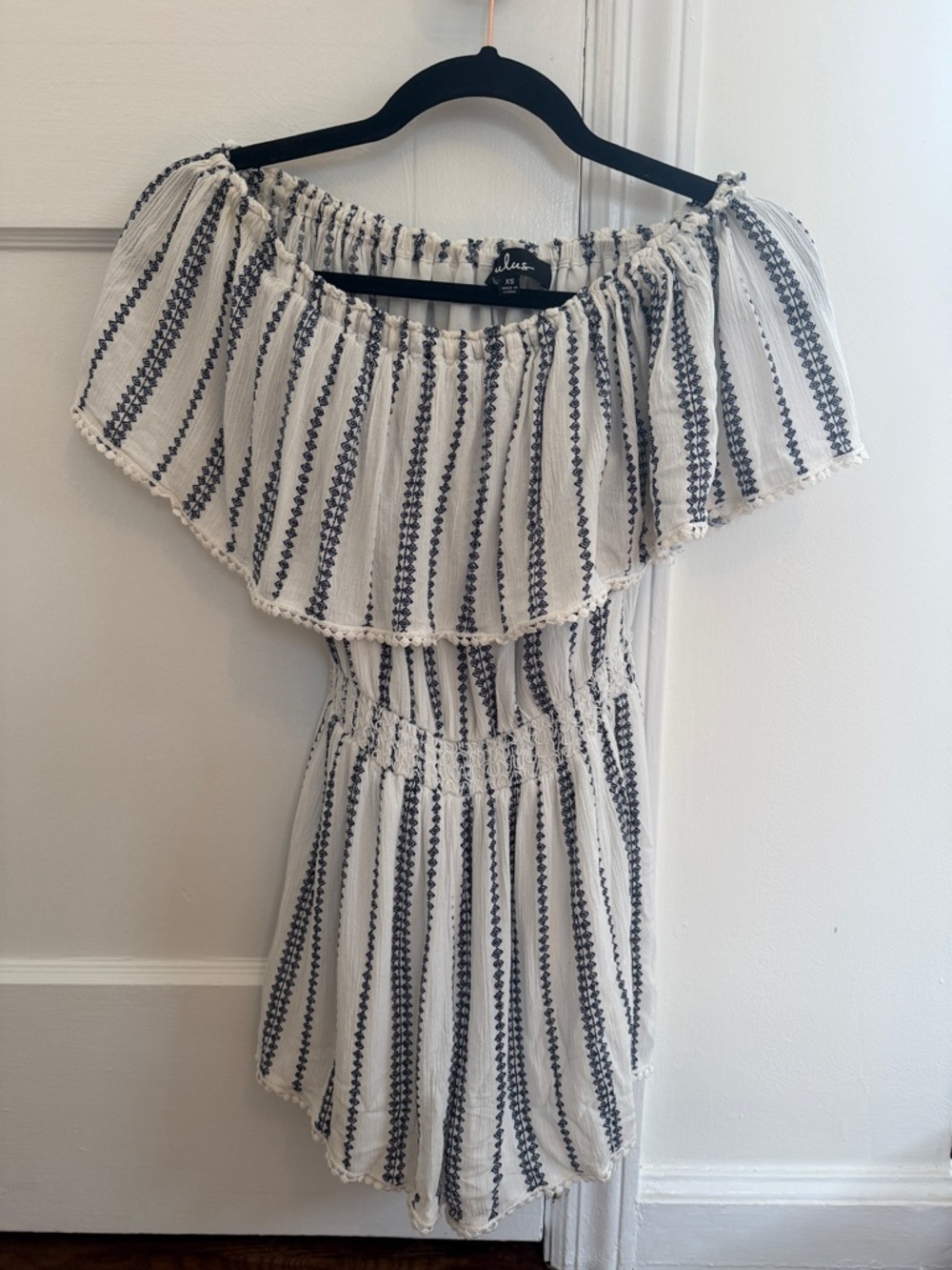 Lulu's Striped Off-Shoulder Romper in White and Navy